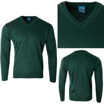 Sweter męski z dekoltem w serek wełniany zielony gładki klasyczny - Devir