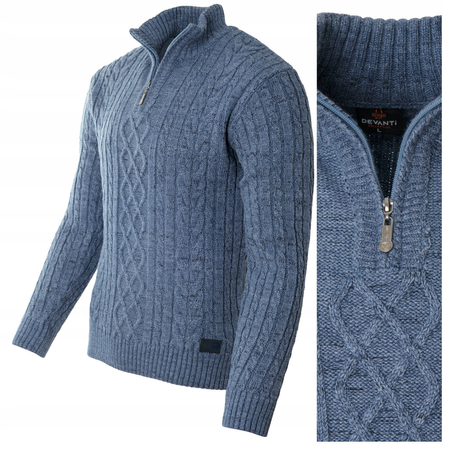 Sweter męski półgolf krótkie zapięcie na zamek niebieski we wzór klasyczny - Devanti