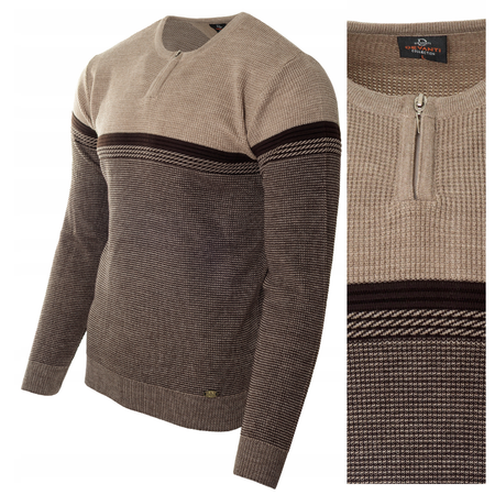 Sweter męski z okrągłym dekoltem na krótki zamek brązowy klasyczny - Devanti