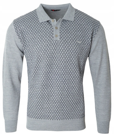 Sweter męski jasno-szary z kołnierzykiem polo na guziki ze ściągaczami wełna ze wzorem - Reymo