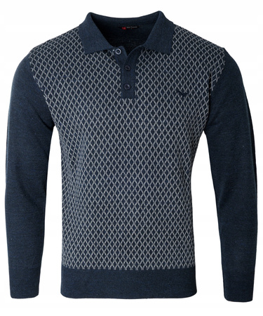 Sweter męski granatowy z kołnierzykiem polo na guziki ze ściągaczami wełna ze wzorem - Reymo