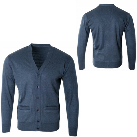 Sweter męski kardigan zapinany na guziki jesienny V-dekolt ciemno-niebieski gładki wełniany - Devir Orme