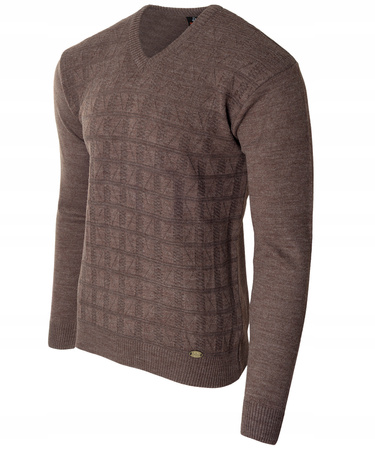 Sweter męski brązowy dekolt w serek V wzór kratka wełniany turecka Devanti