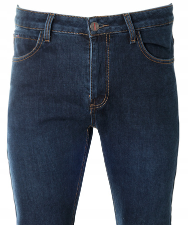 Męskie spodnie jeansy klasyczne granatowe ocieplane polarem bawełna proste - King BSS