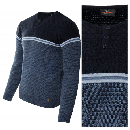 Sweter męski z okrągłym dekoltem krótkie zapięcie na guziki granatowy klasyczny - Devanti