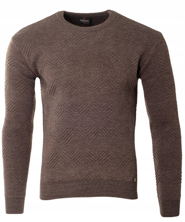 Sweter męski z okrągłym dekoltem ciemno-brązowy wzór wełniany klasyczny - Devanti