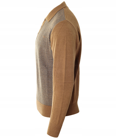 Sweter męski brązowy z kołnierzykiem polo na guziki ze ściągaczami wełna we wzór - Reymo