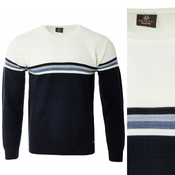 Sweter męski z okrągłym dekoltem granatowo-biały wzór pasy wełniany klasyczny - Devanti
