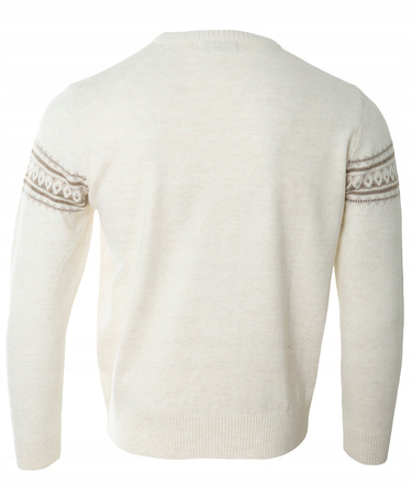 Sweter męski z okrągłym dekoltem beżowy wzór pasy wełna klasyczny - Devir