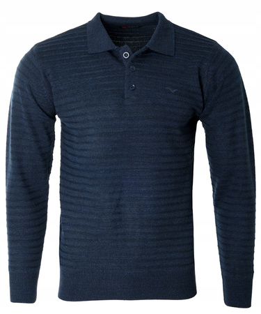 Bluza męska z kołnierzykiem polo na guziki granatowa wzór w pasy ze ściągaczami bawełniana - Reymo