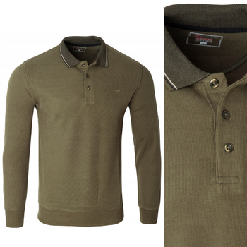 Bluza męska oliwkowa gładka z kołnierzykiem polo na guziki ze ściągaczami bawełniana - Reymo