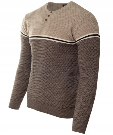 Sweter męski z okrągłym dekoltem krótkie zapięcie na guziki brązowy klasyczny - Devanti