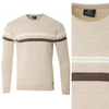 Sweter męski z okrągłym dekoltem beżowy wzór pasy wełniany klasyczny - Devanti