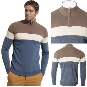 Sweter męski rozpinany krótki zamek brązowo-niebieski wzór w pasy półgolf - Must