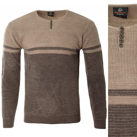 Sweter męski z okrągłym dekoltem z guzikami brązowy klasyczny - Devanti