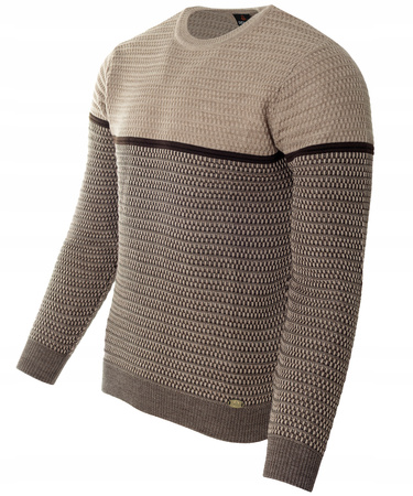 Sweter męski z okrągłym dekoltem brązowy wzór geometryczny pasy wełniany klasyczny - Devanti