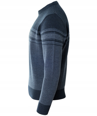 Sweter męski z okrągłym dekoltem ciemno-niebieski wzór pasy wełna klasyczny - Devir