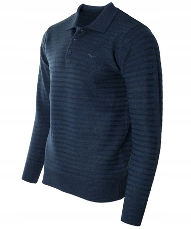 Bluza męska z kołnierzykiem polo na guziki granatowa wzór w pasy ze ściągaczami bawełniana - Reymo