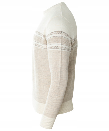 Sweter męski z okrągłym dekoltem beżowy wzór pasy wełniany klasyczny - Devanti