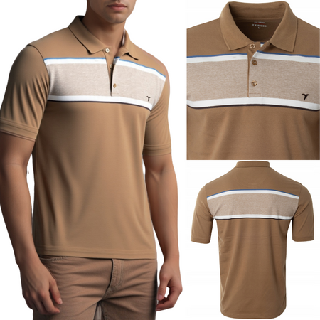 Koszulka męska polo bawełniana brązowa paski dekolt z guzikami kołnierz wiosenna - Reymo
