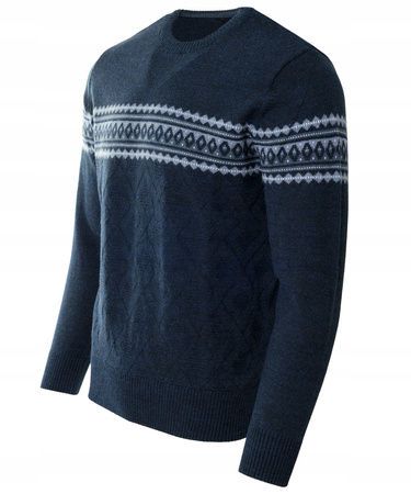 Sweter męski z okrągłym dekoltem granatowy wzór pasy wełna klasyczny - Devir