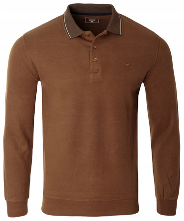 Bluza męska brązowa gładka z kołnierzykiem polo na guziki ze ściągaczami bawełniana - Reymo