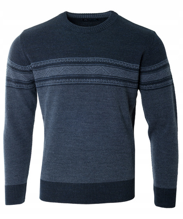 Sweter męski z okrągłym dekoltem ciemno-niebieski wzór pasy wełna klasyczny - Devir