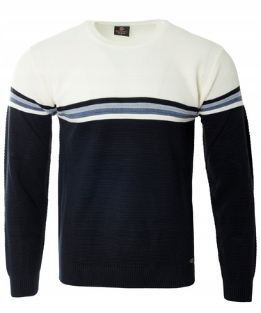 Sweter męski z okrągłym dekoltem granatowo-biały wzór pasy wełniany klasyczny - Devanti