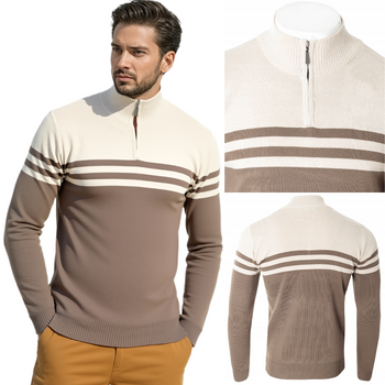 Sweter męski rozpinany krótki zamek beżowy wzór w pasy półgolf - Must