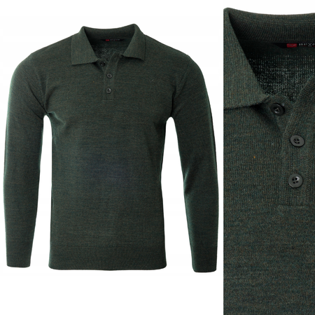 Bluza męska z kołnierzykiem polo na guziki zielona gładka ze ściągaczami wełniana - Reymo