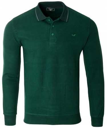 Bluza męska ciemno-zielona gładka z kołnierzykiem polo na guziki ze ściągaczami bawełniana - Reymo