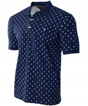 Koszulka męska polo granatowa ze wzorem kotwice dekolt z guzikami kołnierz wiosenna - Reymo