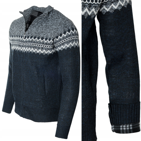 Sweter męski rozpinany ocieplany polarem jesienny granatowo-szary ze wzorem 