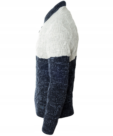 Sweter męski z okrągłym dekoltem zapięcie na krótki zamek i guziki granatowo-biały klasyczny - Devanti