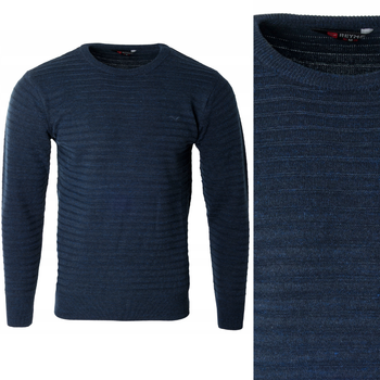 Sweter męski z okrągłym dekoltem pod szyję granatowy pasy wełniany klasyczny ciepły - Reymo