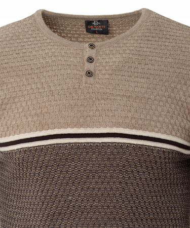 Sweter męski z okrągłym dekoltem krótkie zapięcie na guziki brązowy klasyczny - Devanti