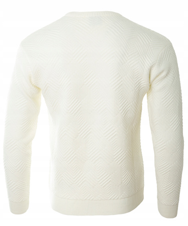 Sweter męski z okrągłym dekoltem ecru wzór pasy wełniany klasyczny - Devanti