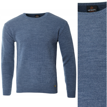 Sweter męski z okrągłym dekoltem niebieski wełniany klasyczny - Devanti
