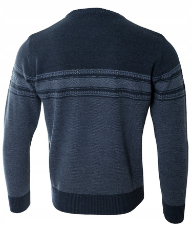 Sweter męski z okrągłym dekoltem ciemno-niebieski wzór pasy wełna klasyczny - Devir
