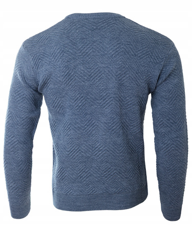 Sweter męski z okrągłym dekoltem niebieski wzór wełniany klasyczny - Devanti