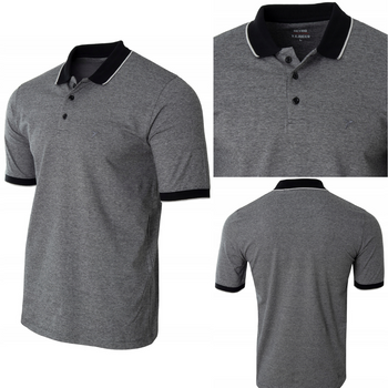 Koszulka męska polo bawełniana szaro-czarna gładka dekolt z guzikami kołnierz wiosenna - Reymo