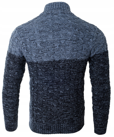 Sweter męski półgolf na krótki zamek jesienny granatowo-niebieski ze wzorem wełniany ciepły - Devanti