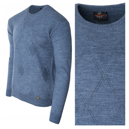 Sweter męski z okrągłym dekoltem niebieski wzór geometryczny wełna klasyczny - Devanti