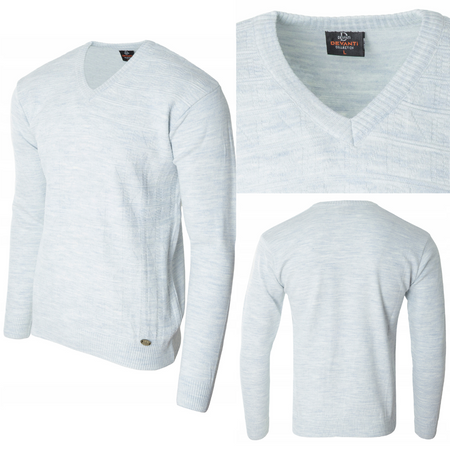 Sweter męski jasno-szary dekolt w serek V wzór kratka wełniany turecka Devanti