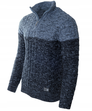 Sweter męski półgolf na krótki zamek jesienny granatowo-niebieski ze wzorem wełniany ciepły - Devanti