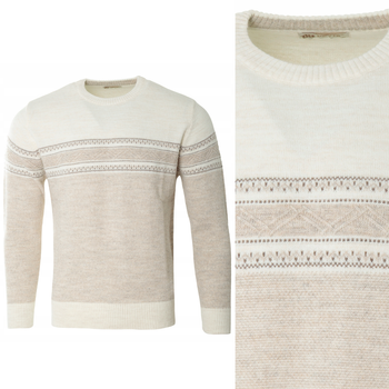 Sweter męski z okrągłym dekoltem beżowy wzór pasy wełniany klasyczny - Devanti