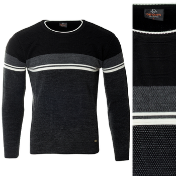 Sweter męski z okrągłym dekoltem czarny wzór pasy wełniany klasyczny - Devanti