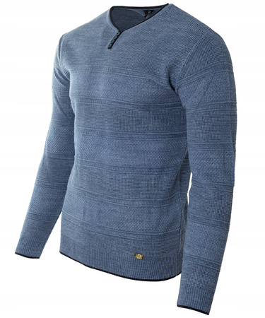 Sweter męski z okrągłym dekoltem krótkie zapięcie na guziki niebieski pasy klasyczny - Devanti