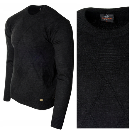 Sweter męski z okrągłym dekoltem czarny wzór geometryczny wełna klasyczny - Devanti