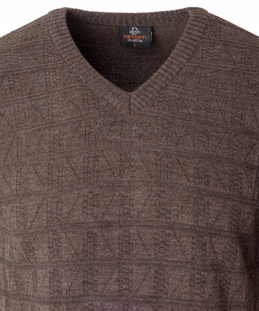 Sweter męski brązowy dekolt w serek V wzór kratka wełniany turecka Devanti